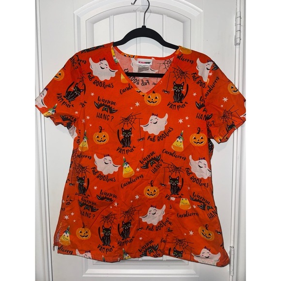 Scrubstar Tops - ScrubStar Halloween Scrub Top Women's V-Neck Orange Cats Ghosts Pumpkins Nurse